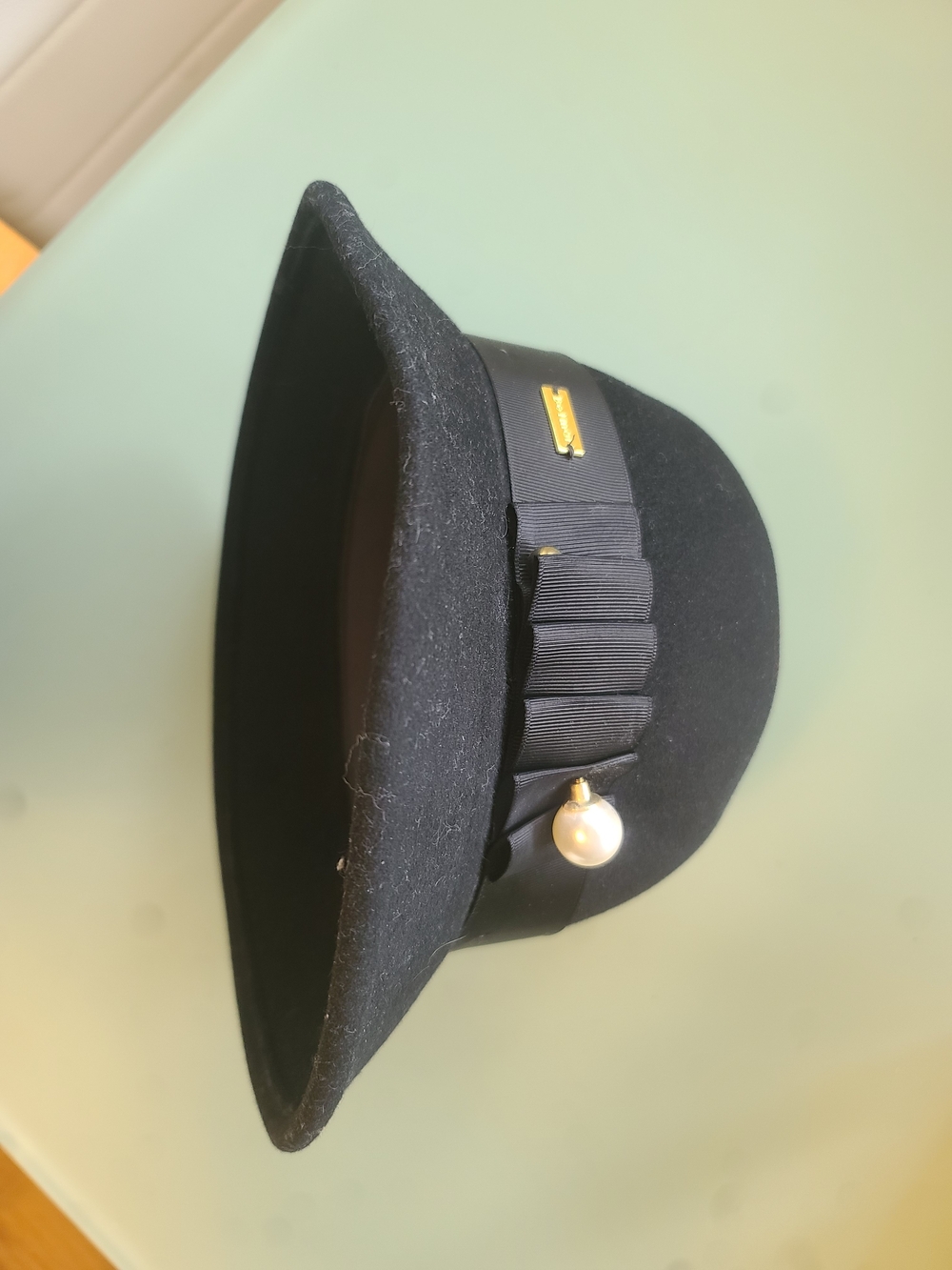 Black Wool Felt Women's Hat with Ribbon & Pearl Accent